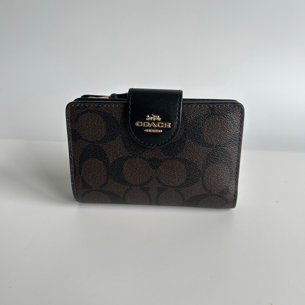 Coach Medium Corner Zip Wallet Brown Black Signature Canvas C0082